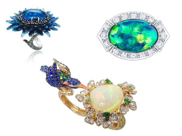 Louis Vuitton Acte V The Escape Capri ring with an Australian black opal; Simone Jewels The Blue Capped Kingfisher with a 6.60-carat Ethiopian opal, along with mandarin, tsavorite and green garnets, chrome tourmalines, blue sapphires, diamonds, and enamel; Chopard Fluers d'Opales ring with a 20-carat black opal, along with tsavorites, sapphires, brown and white diamonds, and lazulites